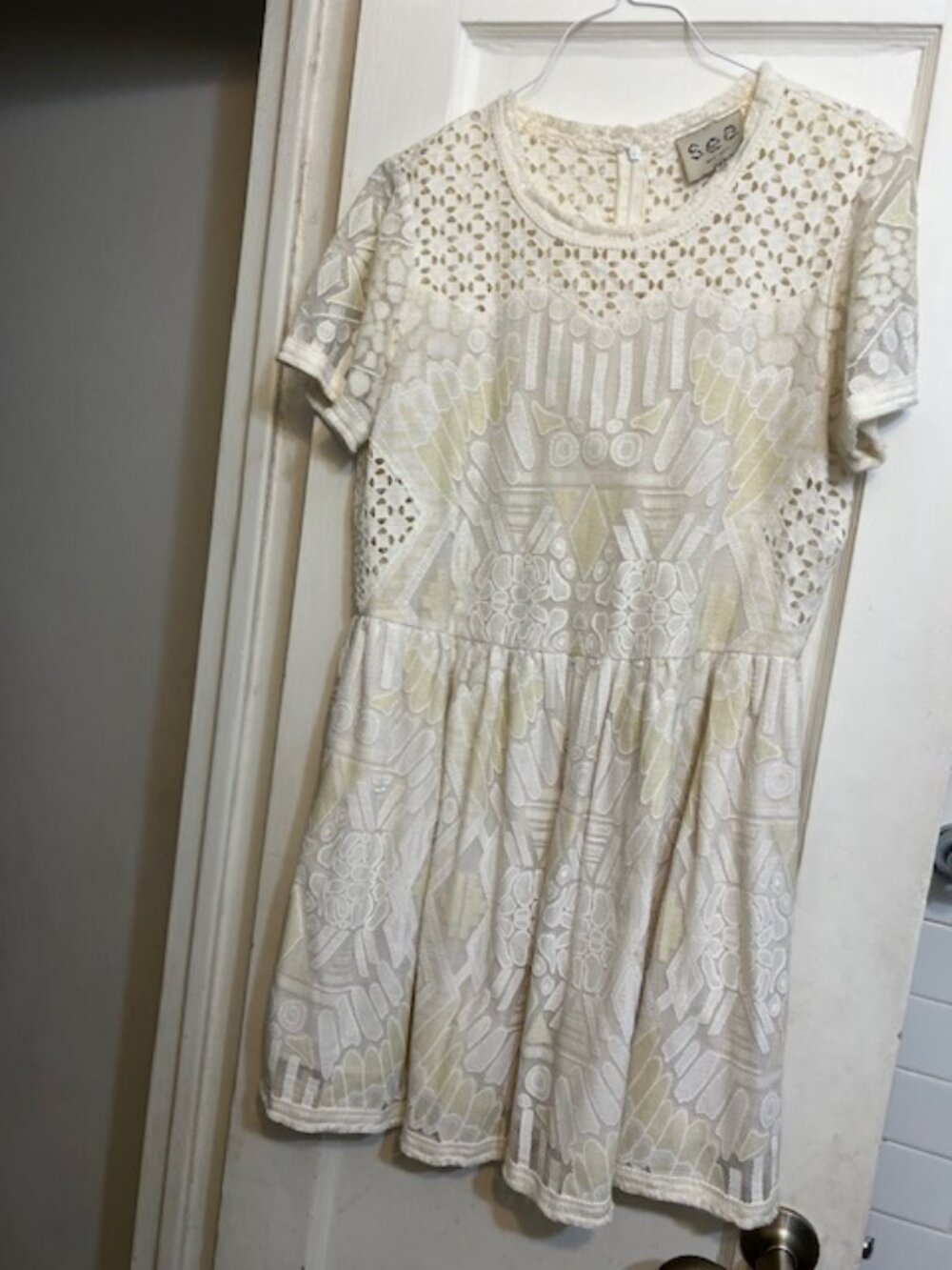 Sea New York White & Pale Yellow Lace Patterned Dress, Sixe 10